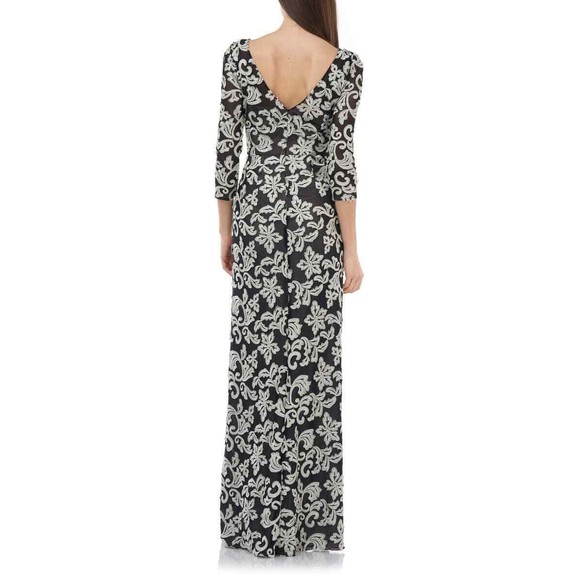 JS COLLECTIONS Black Silver Romantic Embroidered Mesh 3/4 Sleeve Gown 8 US - Picture 2 of 5